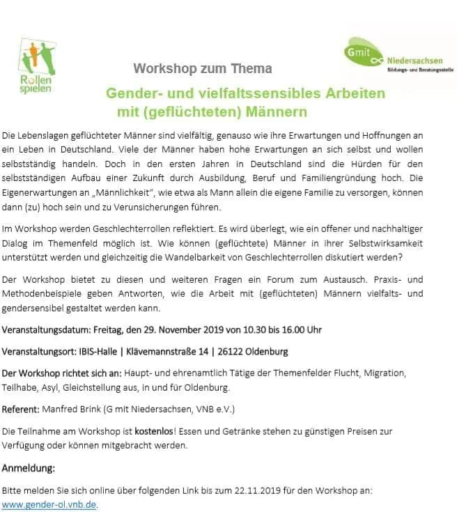 Workshop zum Thema Gender- und vielfaltssensibles Arbeiten  mit (geflüchteten) Männern