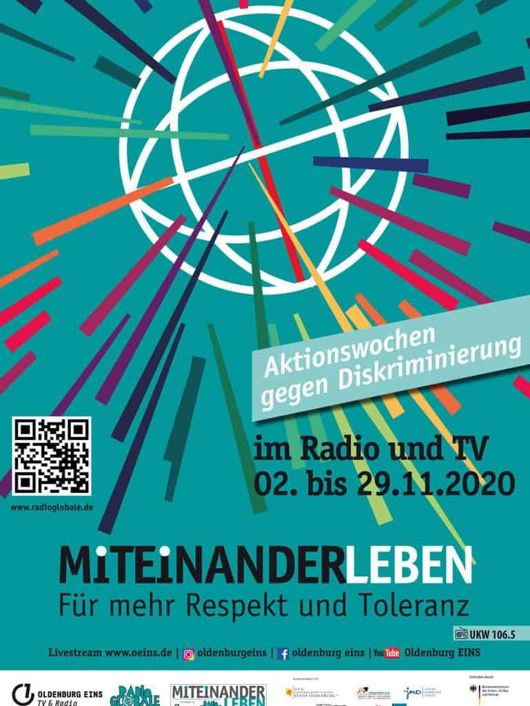 Poster für die Aktionswochen gegen Diskriminierung, mit Link zu oeins.deund radioglobale.de