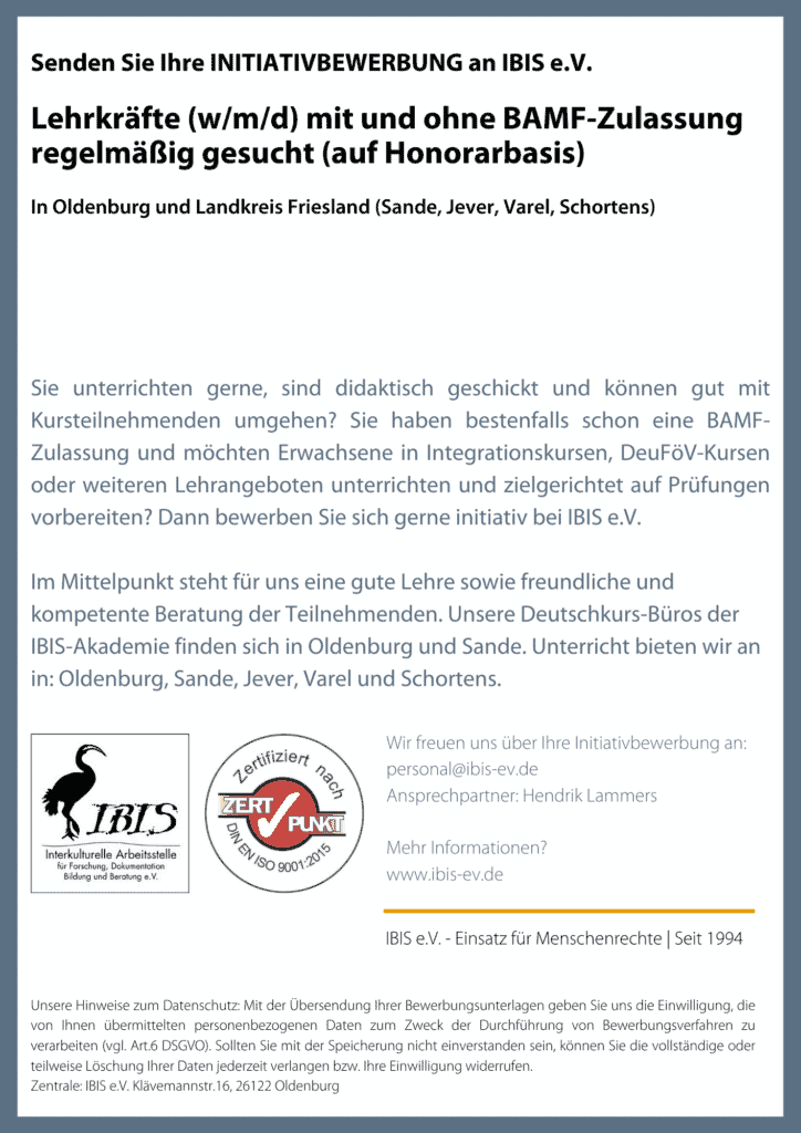 Lehrkraefte fuer IBIS e.V. Landkreis Friesland und Oldenburg 22.02.22