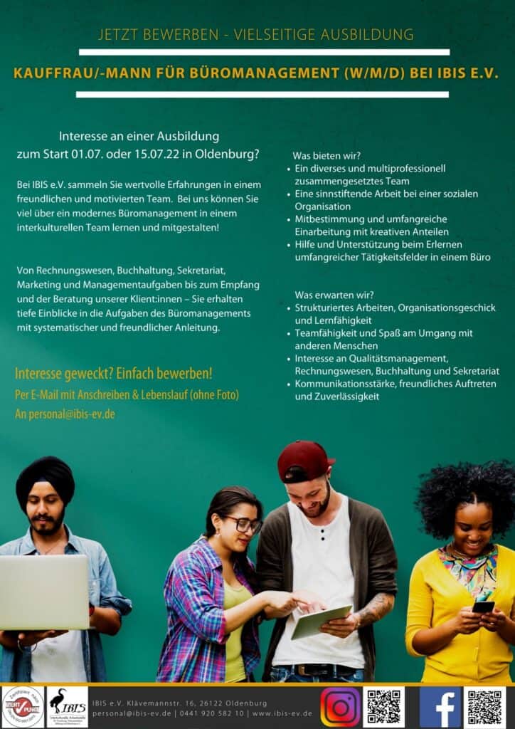 Stellenausschreibung Bueromanagement Ausbildung in Oldenburg bei IBIS e.V. Sommer 2022 1