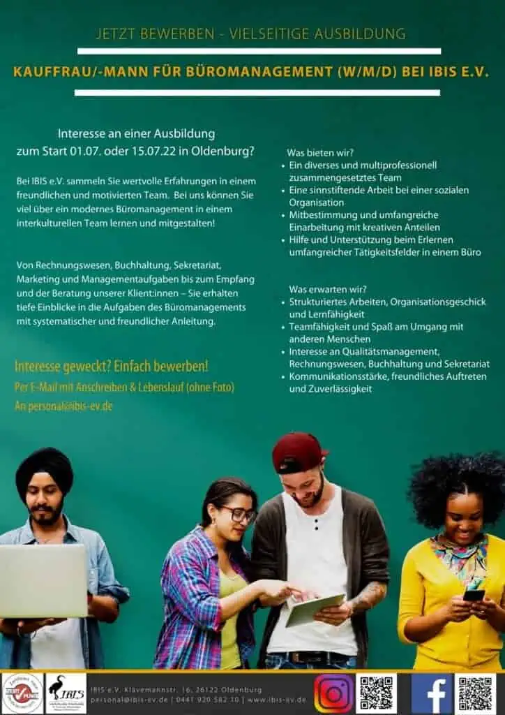 Stellenausschreibung Bueromanagement Ausbildung in Oldenburg bei IBIS e.V. Sommer 2022 1