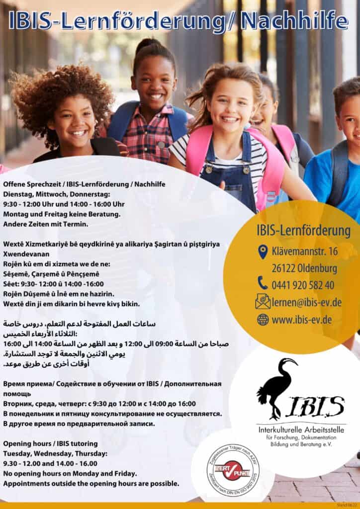 mehrsprachiger Flyer mit Sprechzeiten der IBIS-Lernförderung