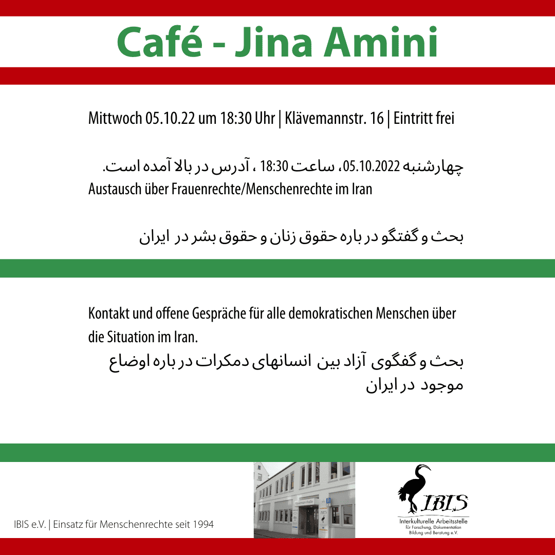 Einladung Cafe Jina Amini Austausch ueber Iran 05.10.22 18.30 Uhr IBIS e.V. Instagram Beitrag Quadratisch