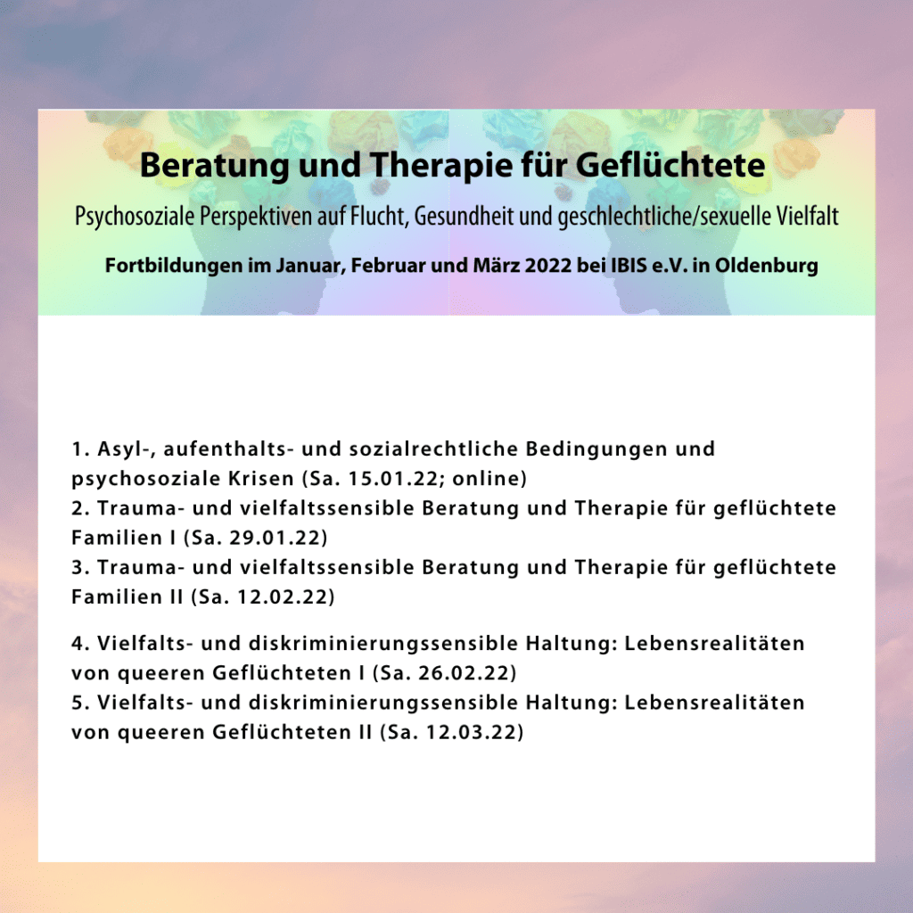 Fortbildungsreihe: “Beratung und Therapie für Geflüchtete – Psychosoziale Perspektiven auf Flucht, Gesundheit und geschlechtliche/sexuelle Vielfalt” Januar bis März 2022 9 Bilder Homepage Archiv 6