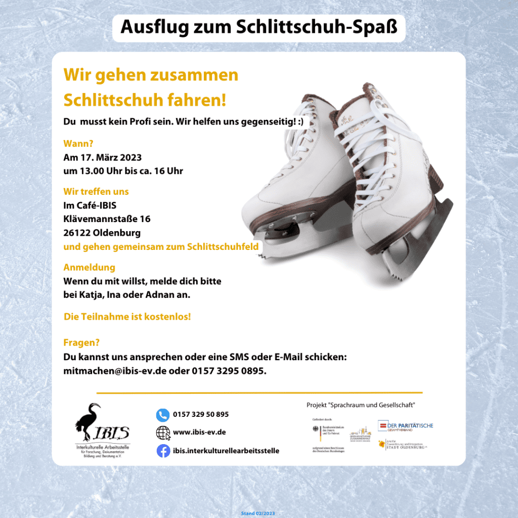 Das Sprachcafé geht Schlittschuhlaufen 7 Flyer SuG Ausflug Schlittschuhspass 17.03.2022 Instagram Post Quadratisch
