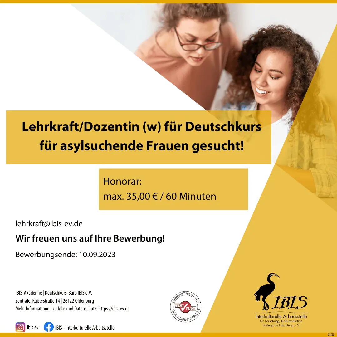 Lehrkraft/Dozentin (w) für Deutschkurs für asylsuchende Frauen gesucht