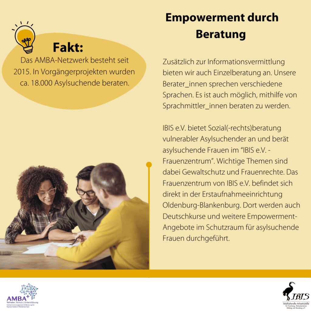 Die Beratung ist Teil der Arbeit von IBIS e:V: im projekt AMBA+