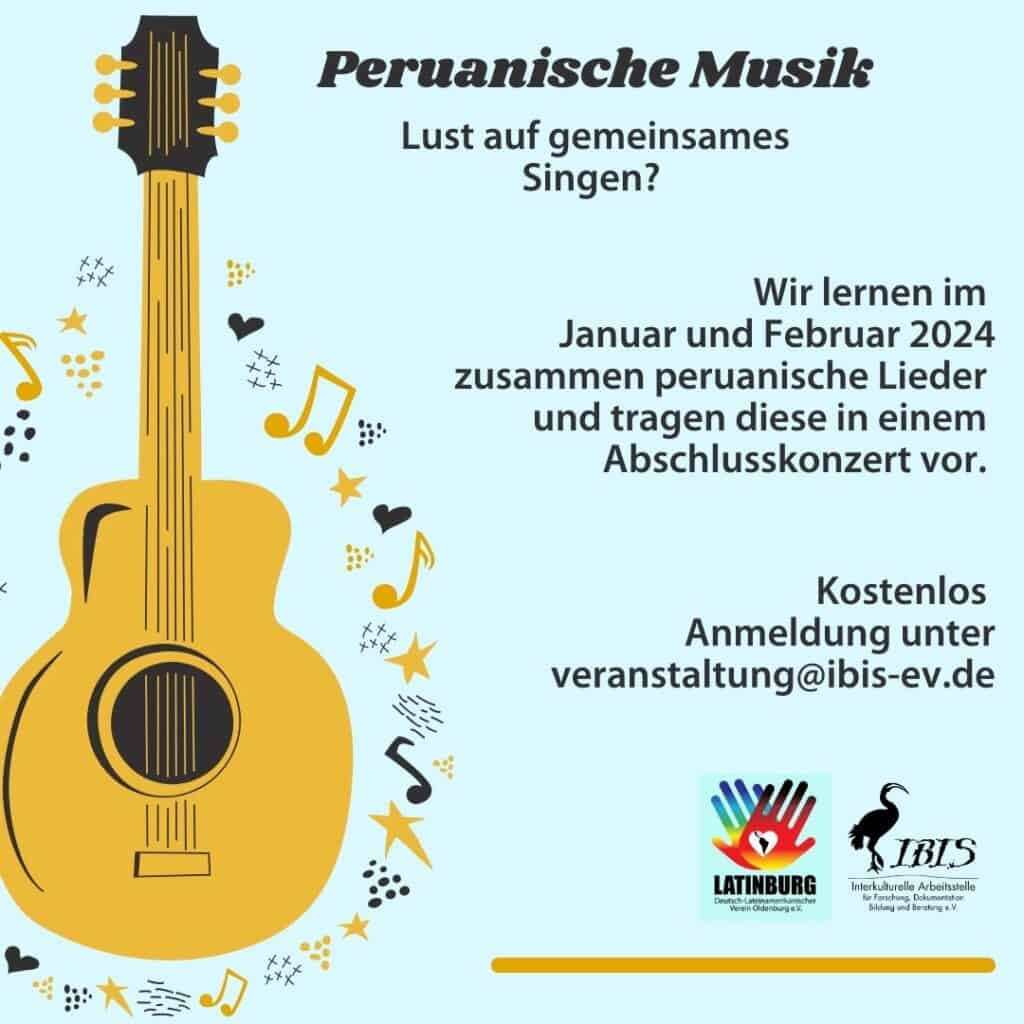 Gemeinsam singen auf Peruanisch 4 Flyer für Peruanisches Singen. Bild einer Gitarre.