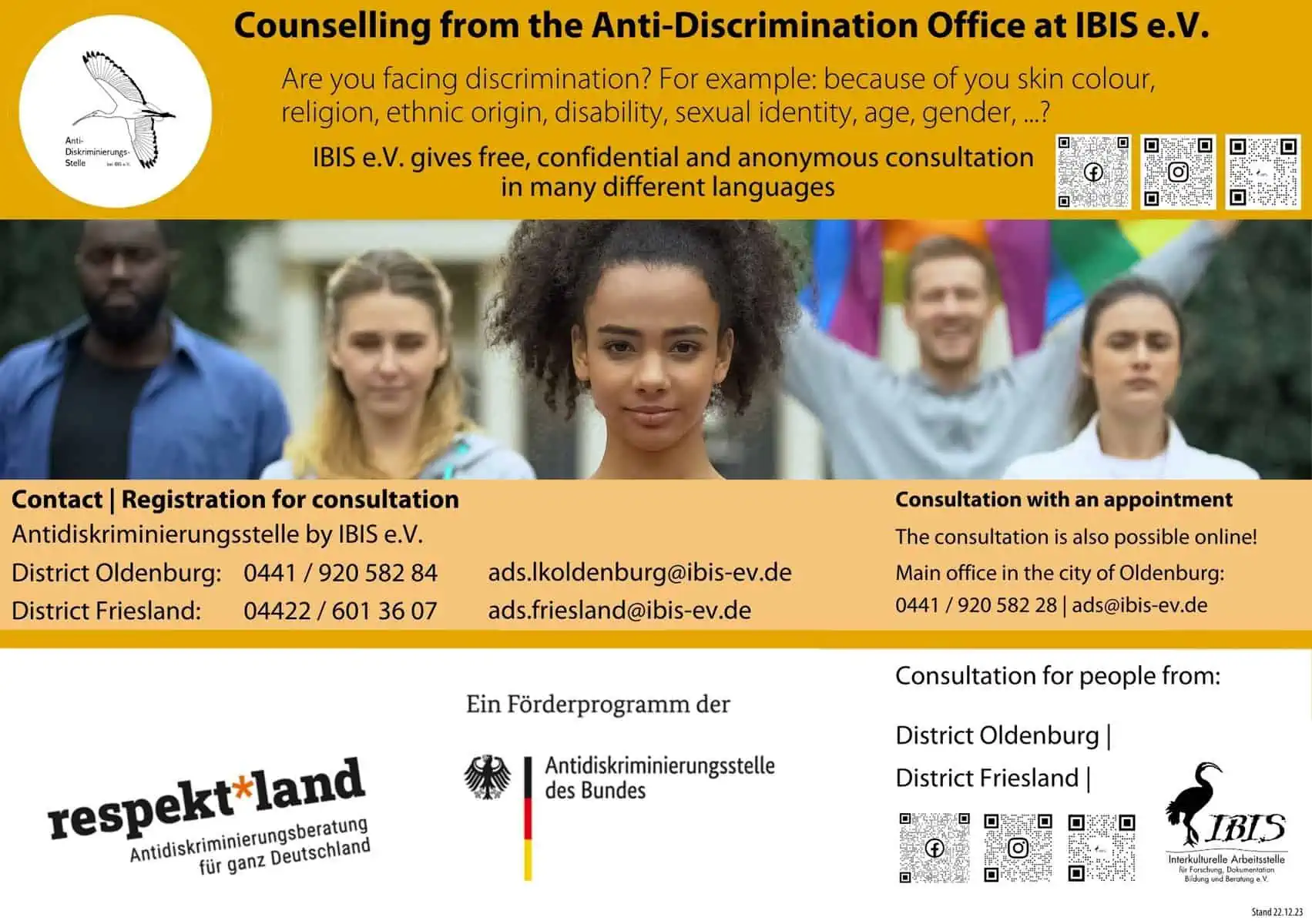 FB 3.2.2c 06 Flyer Antidiskriminierungsberatung IBIS e.V. Kontakt Landkreis OL und Landkreis FRI Englisch