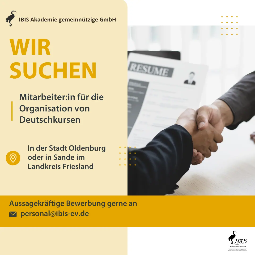 Wir suchen eine Mitarbeiter_in für die Organisation von Deutschkursen in Oldenburg oder im Landkreis Friesland