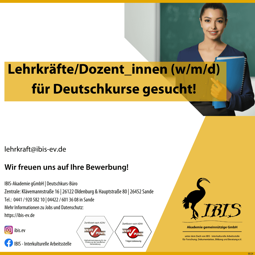 Deutschkurse 3 Lehrkräfte gesucht für Deutschkurse