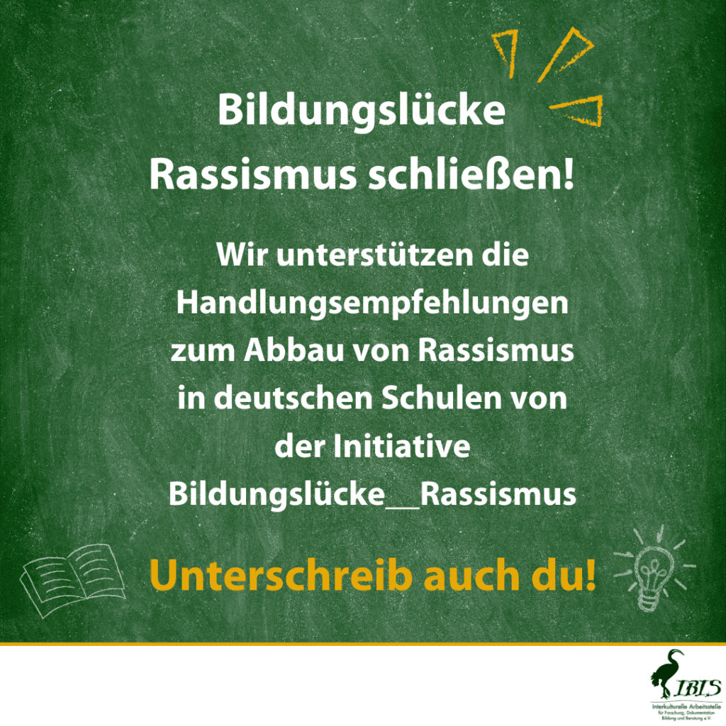 IBIS e.V. unterstützt die Handlungsempfehlungen zum Abbau von Rassismus in deutschen Schulen 1 Handlungsempfehlungen Abbau Rassismus Newsletter 1080 x 1080 px
