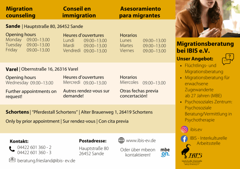 Flyer IBIS e.V. Migrationsberatung Friesland_A5_Ver02_Druck Vorderseite