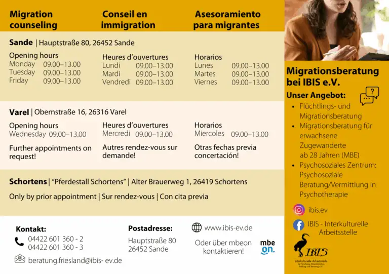 Flyer IBIS e.V. Migrationsberatung Friesland_A5_Ver02_Druck Vorderseite